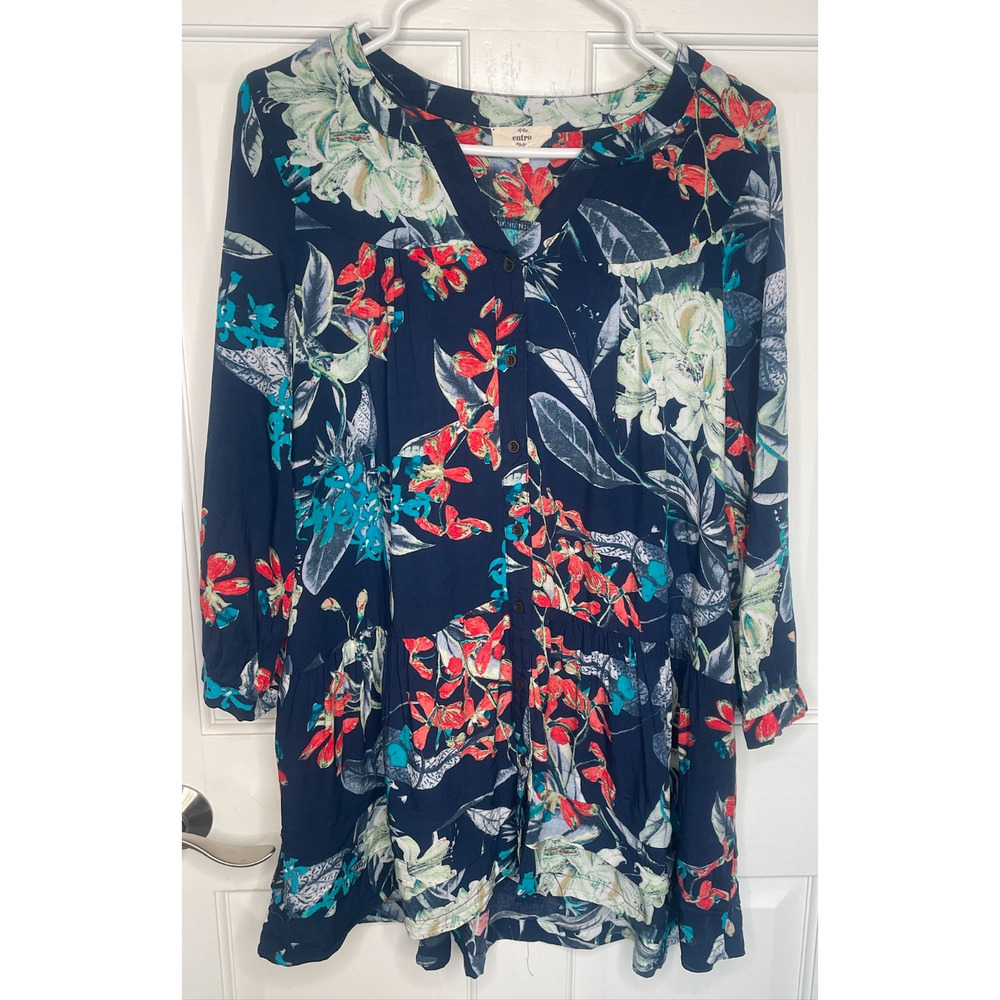 Entro Women's Rayon Woven Button Front Tunic Sz L Floral Flowy Pockets Boho